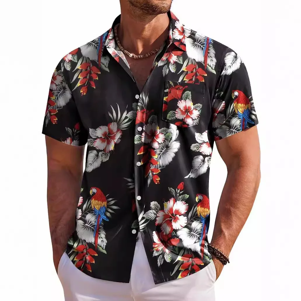 Black Background Colorful Parrot Hibiscus Flower Shirt Cool and Rugged Tropical Animal Print Youth Loose Short Sleeved Shirt