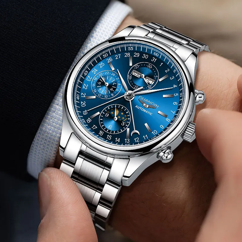 Luxury Business Automatic Watch for Men, Chronograph Moon Phase Stainless Steel Waterproof Wristwatch