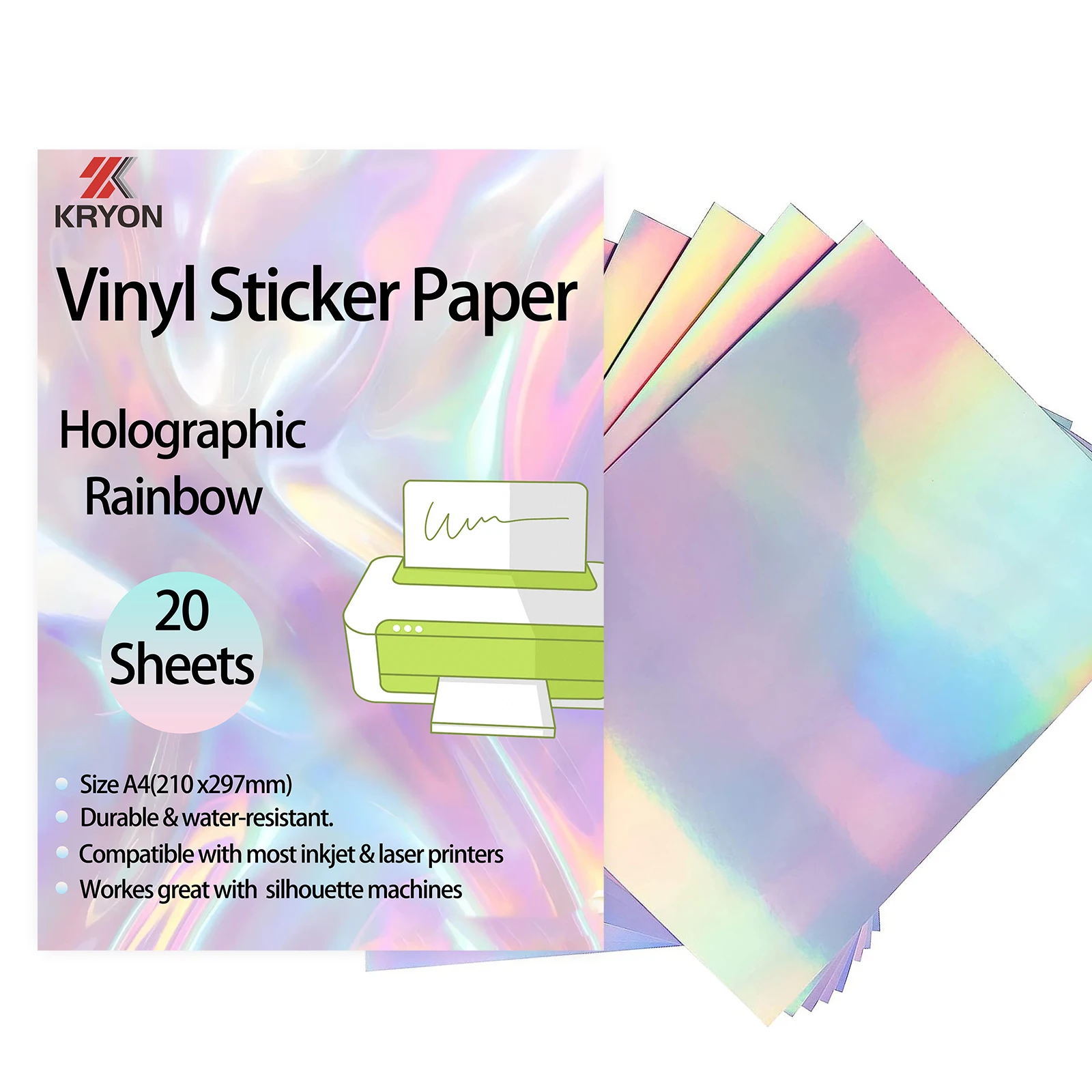 A4 8.3 x 11.7 Inch 20 PCS Holographic Printable Vinyl Sticker Printable Paper Waterproof Glossy Sticker Paper Dries Quickly