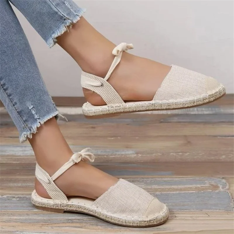 Shoes for Women Hemp Rope Bottom Ladies Sandals Flat Shoes Women Strappy Fisherman Sandals Women Spring and Summer Lace Students