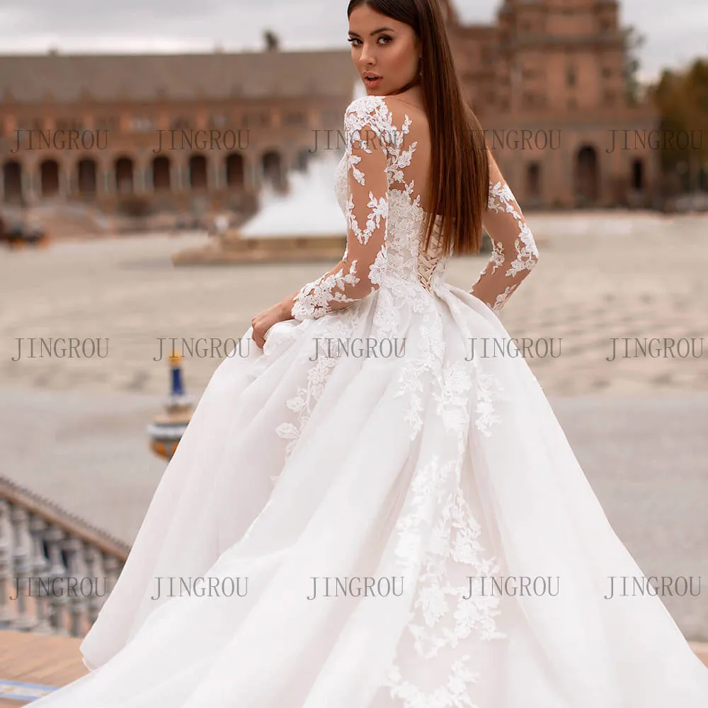 Customized Wedding Dresses Sweetheart A-line Bridal Gowns Open Back Long Sleeve Lace Applique With Train Brides dress Customized