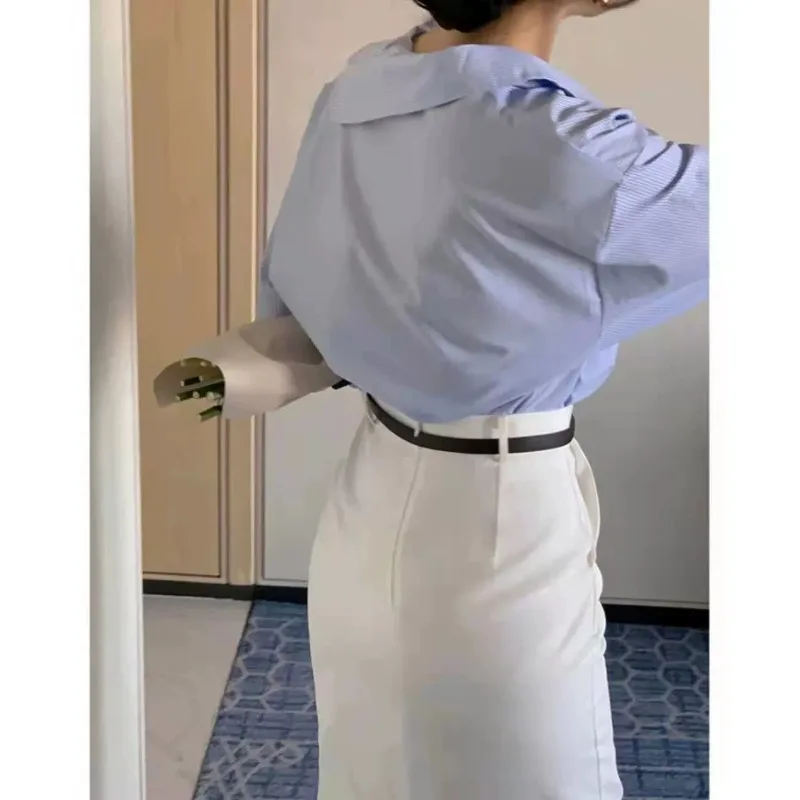 

Ele Spring Autumn Women's irt Loose Fit Collar Striped Design Chic Button Detail Long Sve Commute Sle Top