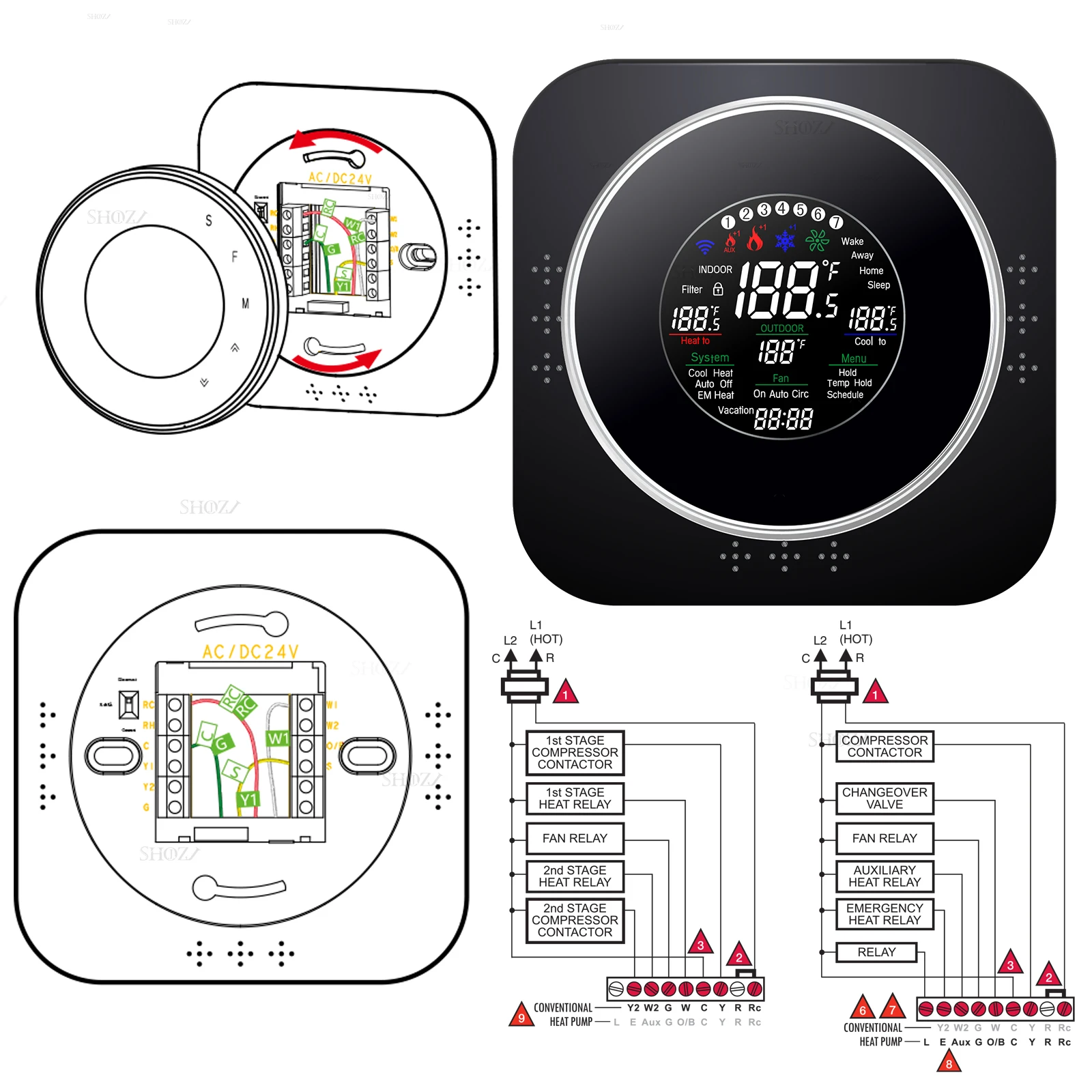 TUYA WIFI 24VAC AIR SOURCE Heat Pump Thermostat for HVAC System - Compatible With Boiler, Air Energy Works with Alexa, Google