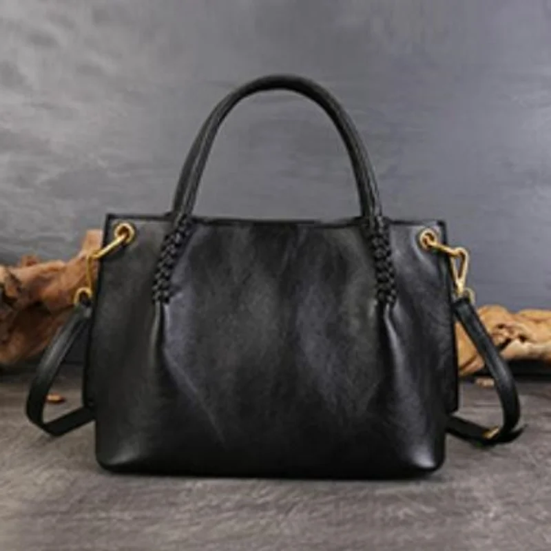 Top Grain Cowhide Retro Style Handbag for Lady Totem Embossed Genuine Leather Handwoven Large Shoulder Bag Functional Tote