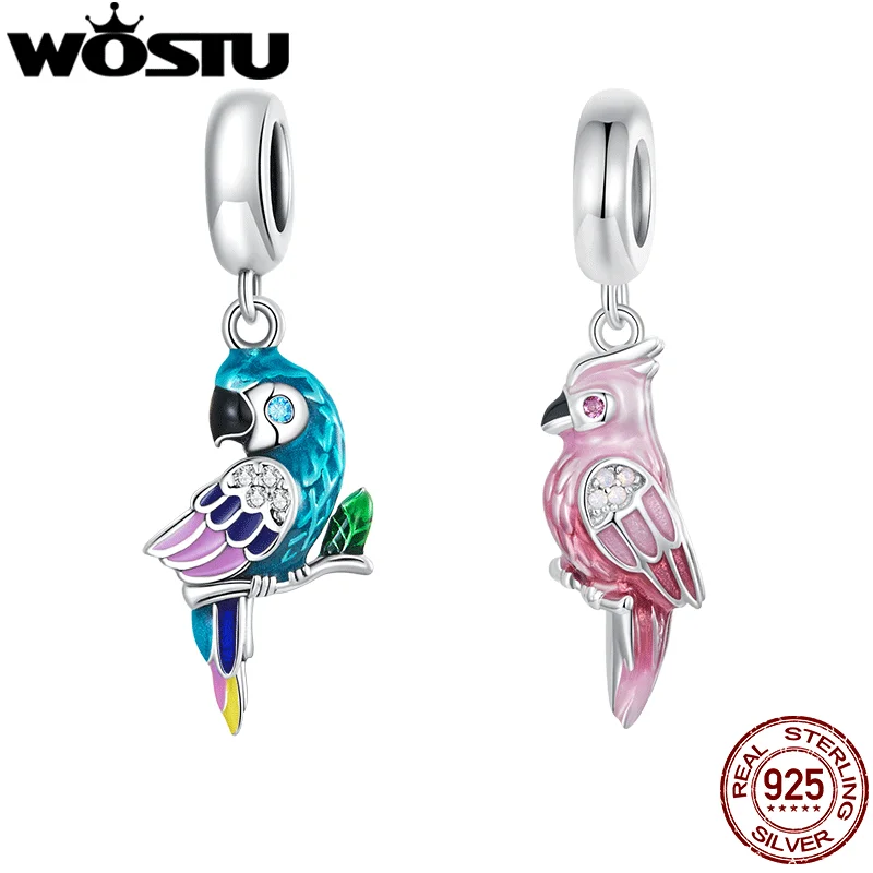 WOSTU Real 925 Sterling Silver Lovely Pink Parrot Charms Rainbow Pendant Cute Bird Beads Fit Original Bracelet DIY Necklace