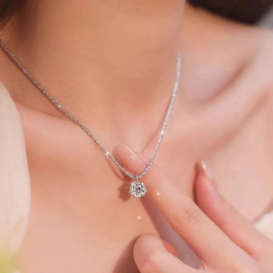 Sparkling Six Prong Single Zircon Pendant Necklace, Silver Shimmer Thin Chain Minimalist Korean Clavicle Necklace Luxury Daily Jewelry for Women
