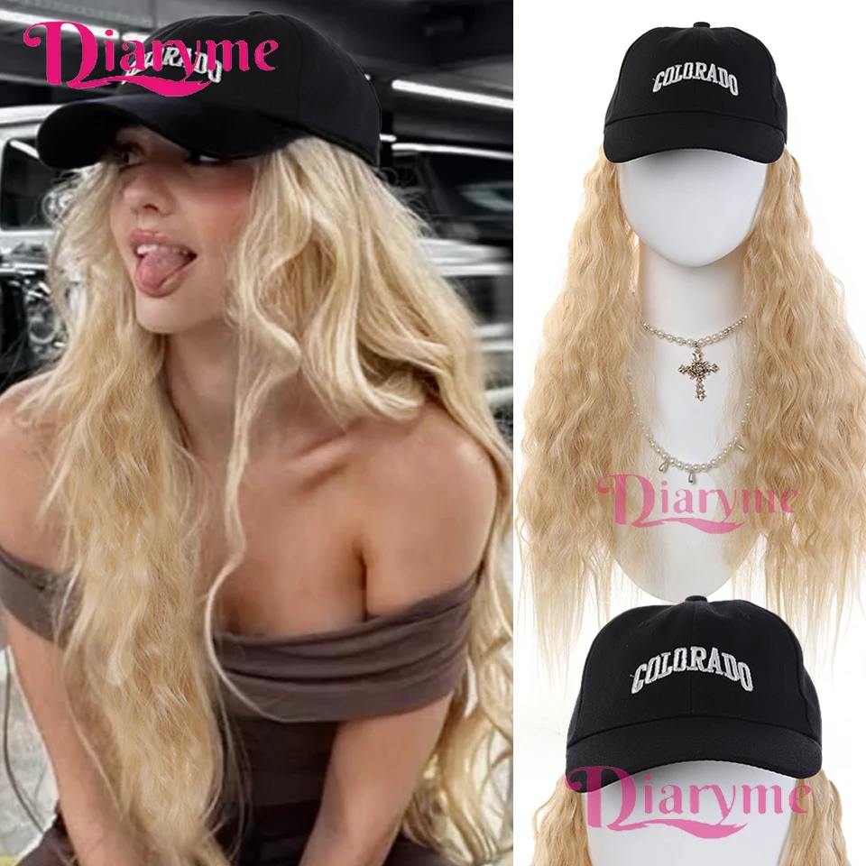 Wig Topi Satu Set Wanita Alami Modis Topi Baseball Rambut Panjang Keriting Sintetis Wig Full-Head untuk Wanita Penggunaan Sehari-hari