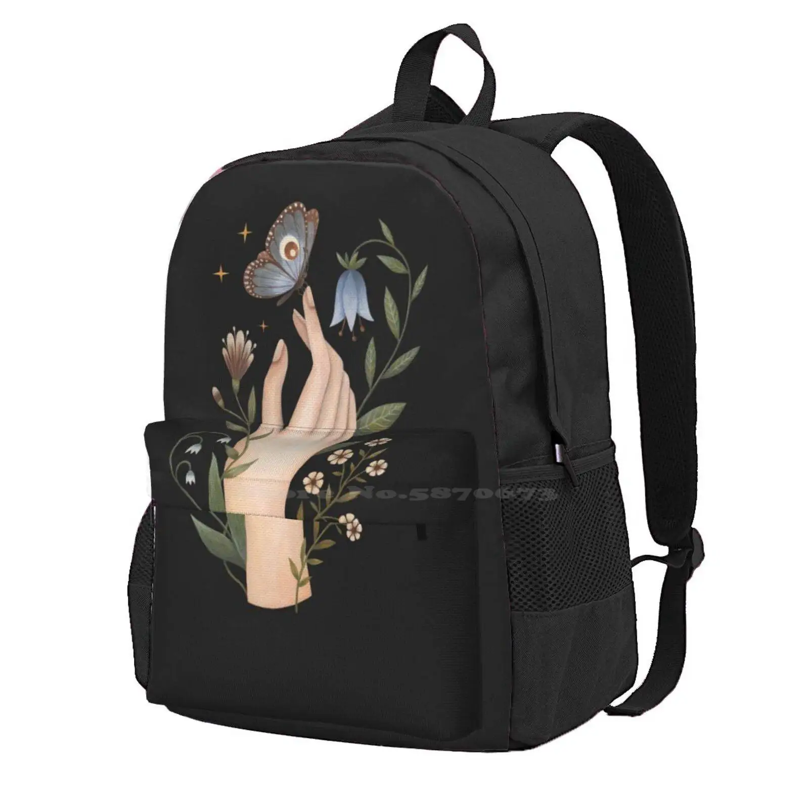 Gentle Touch Hot Sale Schoolbag Backpack Fashion Bags Gouache Hand Fingers Touch Butterfly Insects Flowers Floral Bloom Blossom