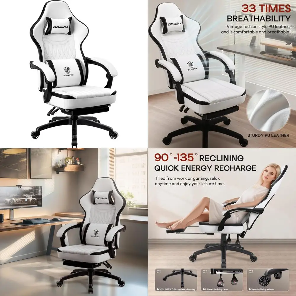 كرسي ألعاب مريح من جلد البولي يوريثان قابل للتنفس مع مسند للقدمين، دعم قطني للتدليك للكبيرة والطويلة، راحة للاعبين