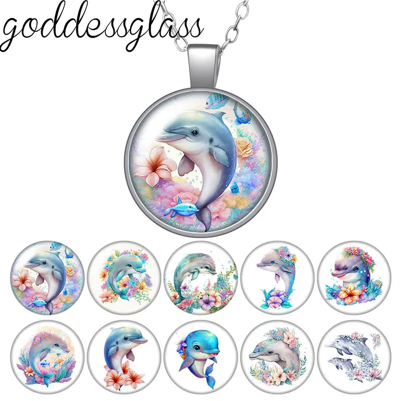 Cute cartoon dolphins animal Photo Round Glass cabochon necklace keychain brooch pin Aromatherapy car clips Custom jewelry