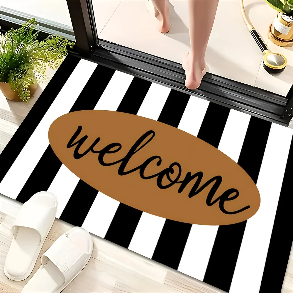 Gray Black Striped Welcome Floor Mat - Creative Oval Sign Area Rug - Indoor Outdoor Home Decor Bedroom Living Room Kitchen Rug
