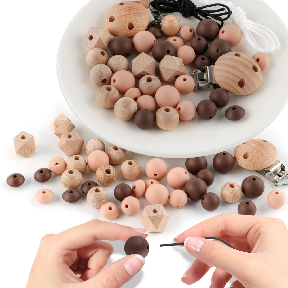 Natural Beech Wood Round Clip Round Bead Silicone Round Bead Set DIY Accessories For Keychain Semi-finished Product