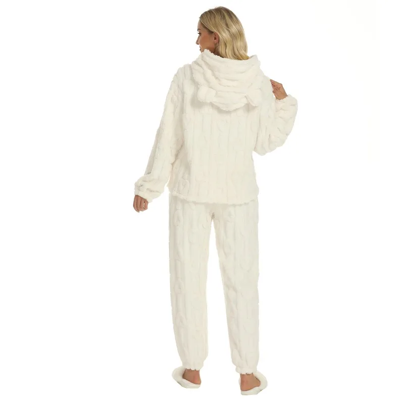 2025 Winter Velvet Fabric Pink Square Heart Jacquard Set Casual Plush Loungewear Hooded Sweatshirt Outfit for Women