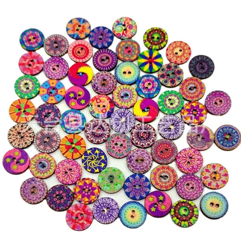 15 mm/20 mm/25 mm Retro-Holzscheibenknöpfe, lackierte, bedruckte Holzknöpfe, 100 Stück pro Packung
