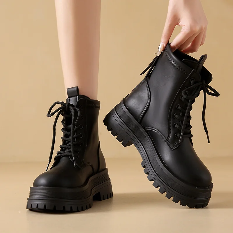 

boots Women Platform Boots Short Plush Solid Color Lace Up Side Zipper Ankle Boots Winter Women Shoes Ladies' Shoes
