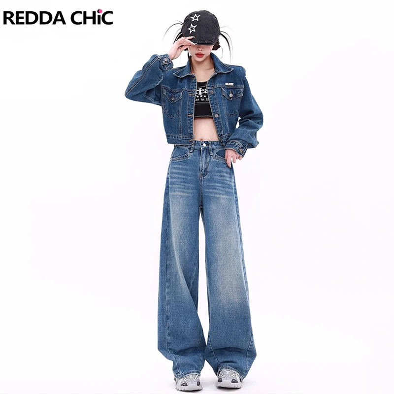 ReddaChic Solid Blue Brushed Baggy Jeans Women Y2k Retro Distressed High Waist Straight Wide Leg Pants Korean Loose Casual Pants