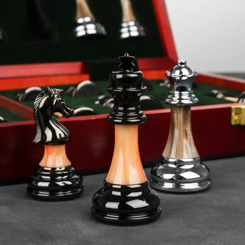 45CM Luxury Metal Chess Figures Wooden Chess Set Professional Folding Family Classic Board Games Chess Home Ornaments Collection