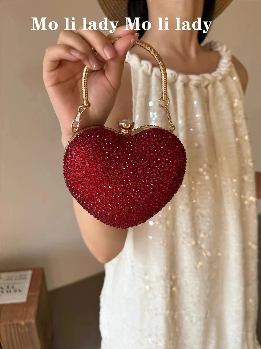 Luxury Heart Shaped Mini Bag Glitter Shiny Diamonds Evening Bag Dinner Party Clutch Purse Women Fashion Handbag Crossbody Bag