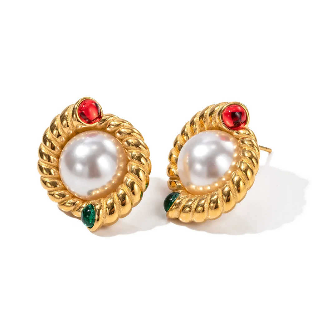 Stainless Steel PVD 18K Gold Plated Tarnish Waterproof Colorful Stone Pearl Stud Earrings For Woman Jewelry Wholesale Trendy