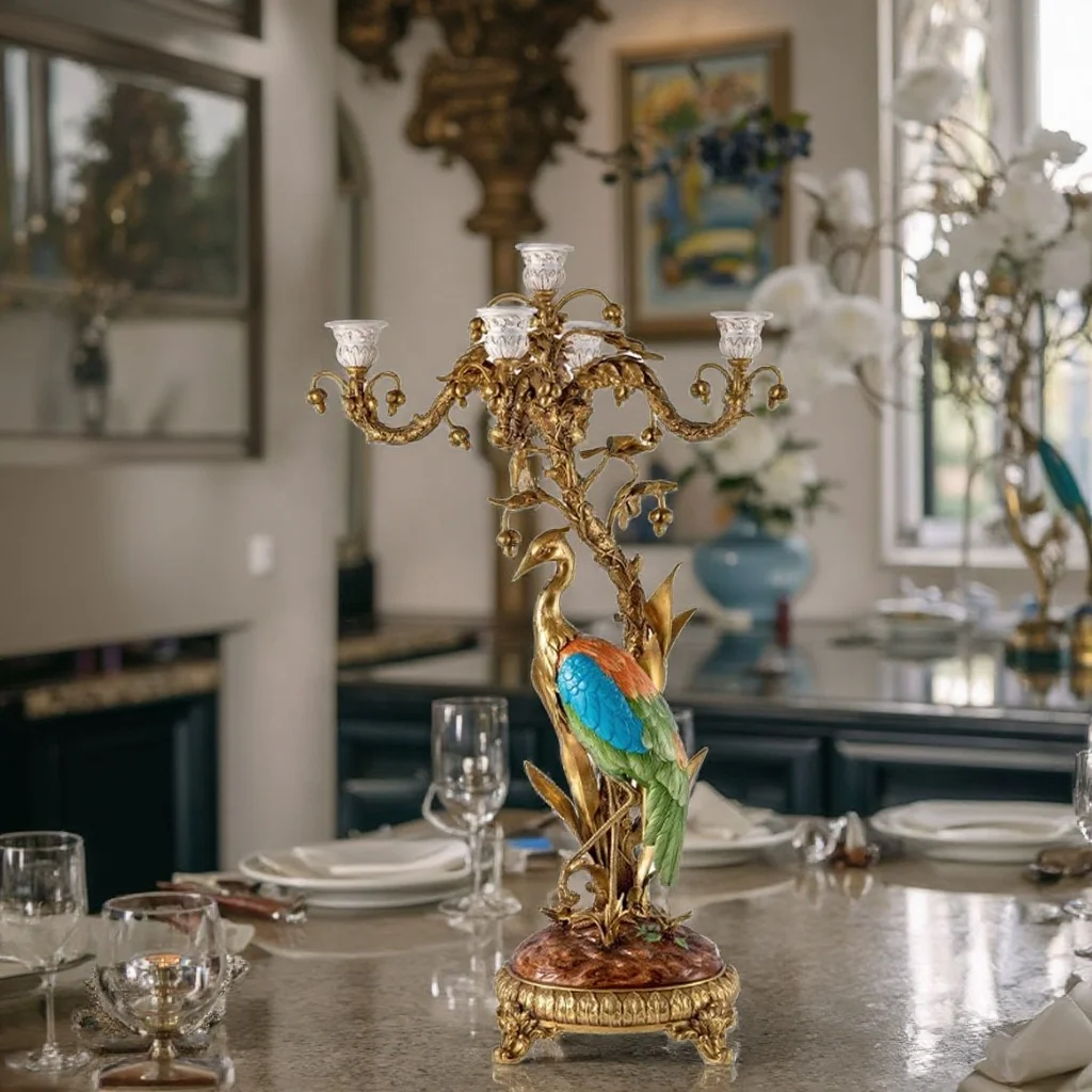 Precious high-end retro candle holder Copper porcelain parrot bird ornament Color antique handicraft candle holder