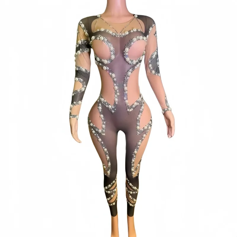 Women High-Quality Sexy Mesh Pearl Crystal Jumpsuit Stage Performance Leotard Nightclub Party Singer Dancer Drag Queen Costume