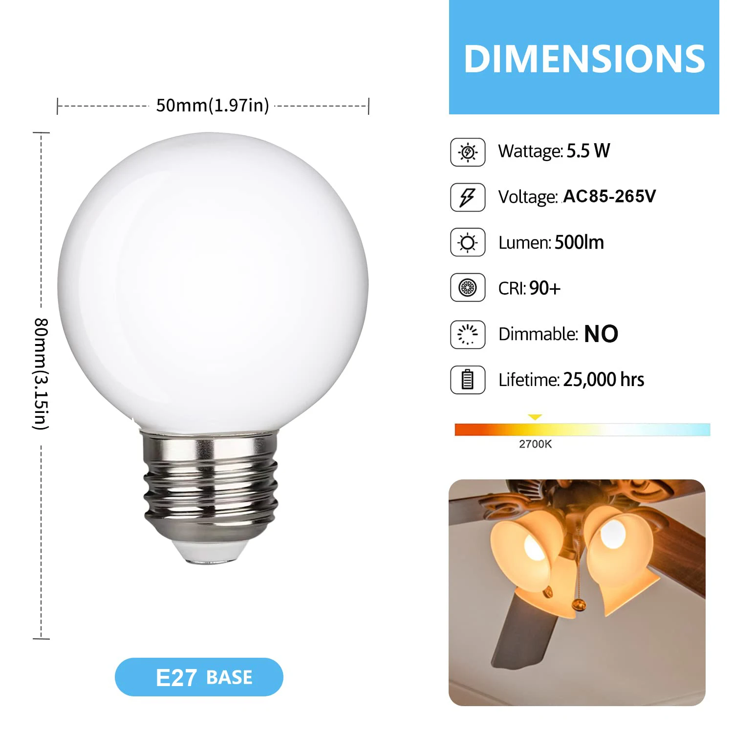 6PCS LED Light Bulb G50 Milky Glass Bulb E27 E14 5W Warm White 2700K  85V-265V Ceiling Fan Light Bulbs 4000K Lampada LED