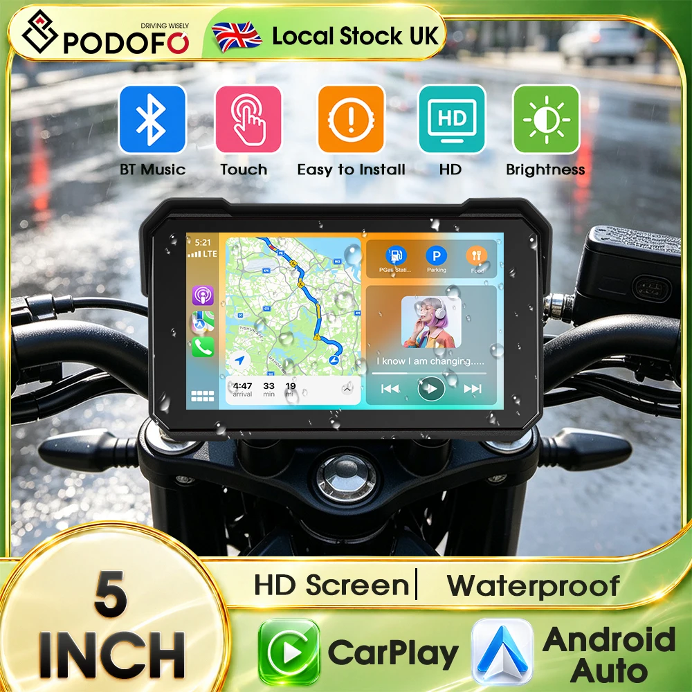 PODOFO 5-Inch HD Touch Screen Motorcycle CarPlay GPS Display