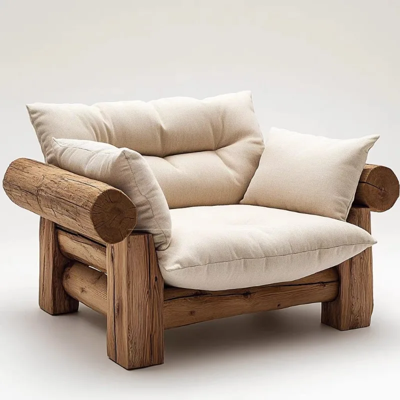 Solid wood sofa chair, living room, home log homestay, sofa hotel, single sofa, old elm sofa