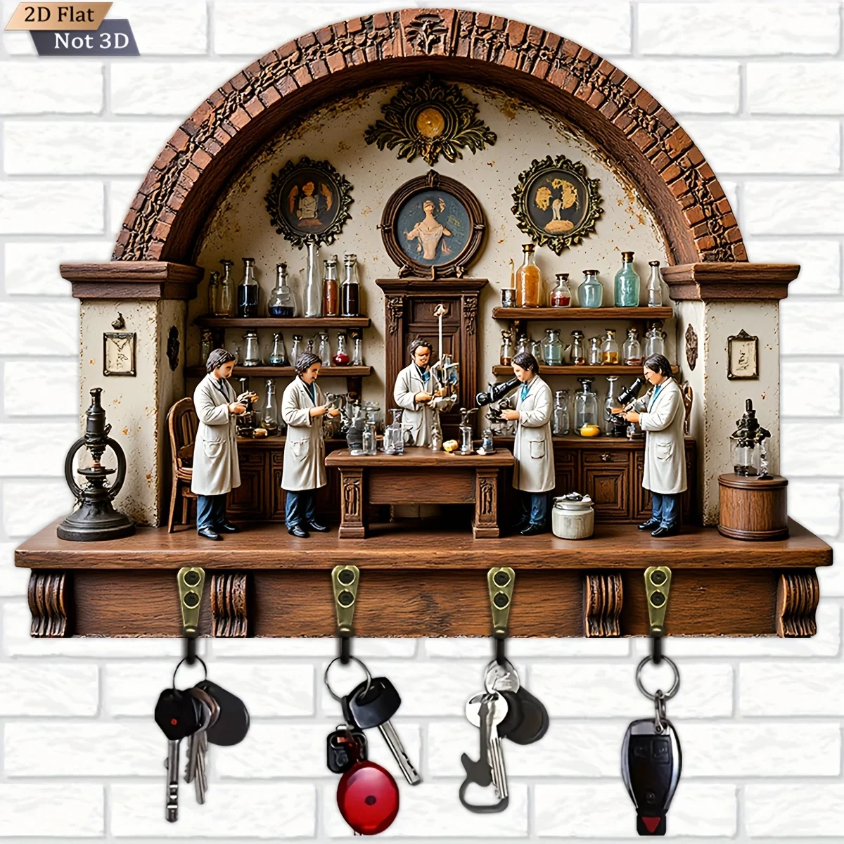 2D Flat, 1pc,  laboratory scene model wooden multi-functional home key holder, with four metal hooks, suitable for wall