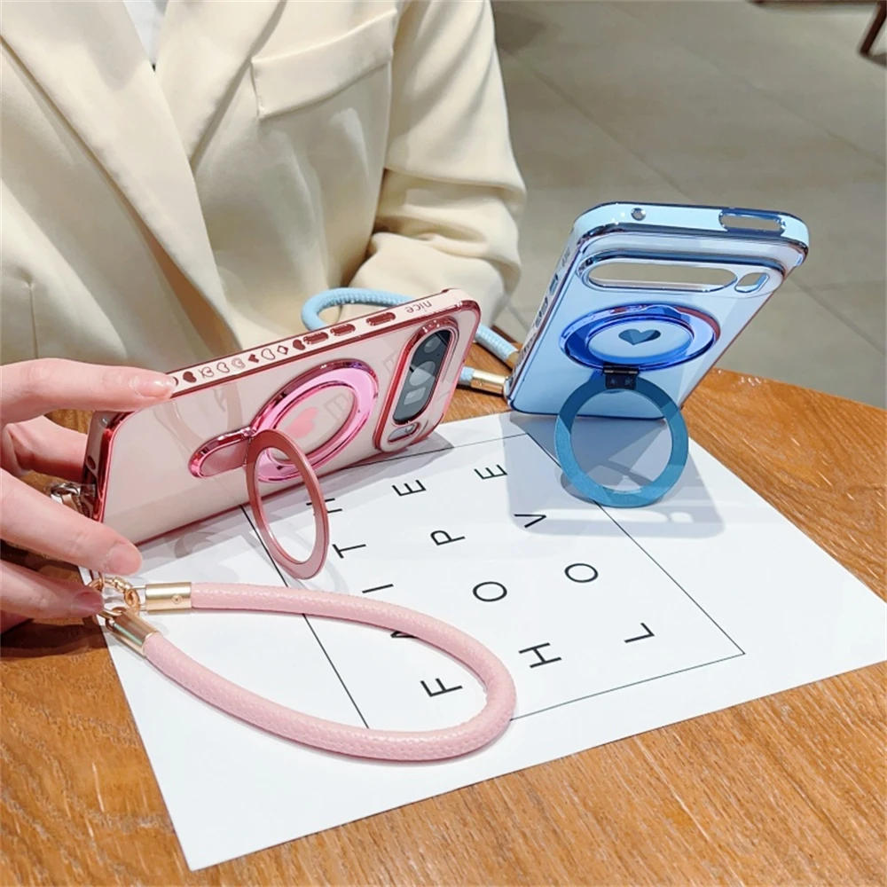 حافظة فاخرة أنيقة بحلقة مغناطيسية لهاتف جوجل بيكسل 10 9 برو XL 8 A مع سوار معصم محمول غطاء مقاوم للصدمات