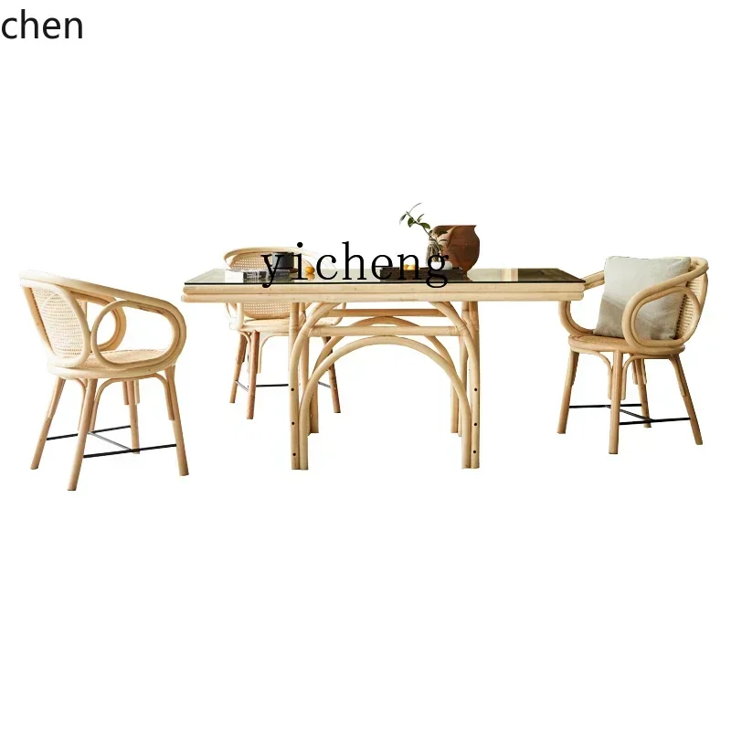 DSA Full Rattan Dining Table Creative Homestay Natural Rattan Woven Dining Table and Chair Set Hotel