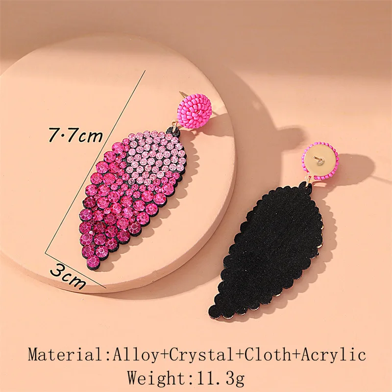 PU Leather Leaf Shape Beads Full Shiny Crystal Fuchsia Drop Earrings Jewelry for Women Luxury Long Earring