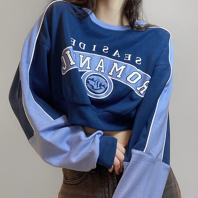 

Women 2021 Spring Winter New Loose Fashion Crewneck Letter Printing Short Blue Pullover Female New Long Sleeve Solid Sweatshirt
