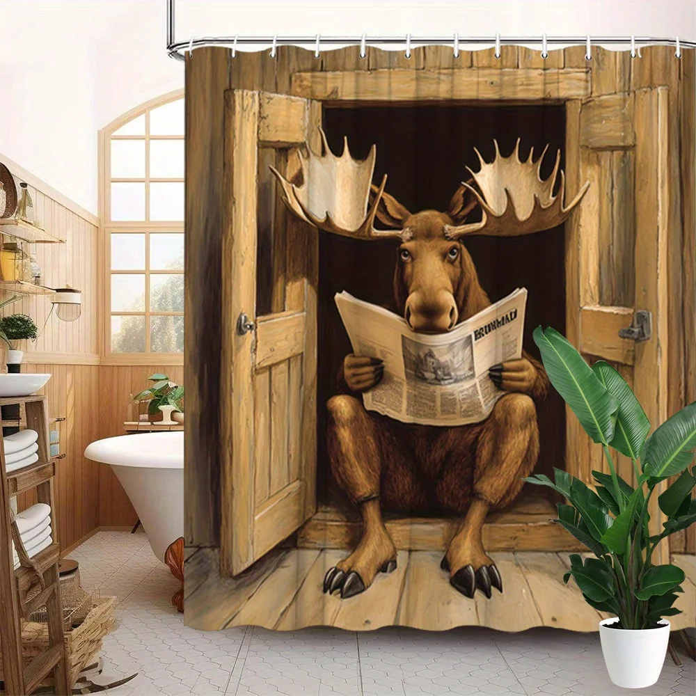 1pc Moose Cabin Shower Curtain - Large Antlers & Rustic Texture Design, Light Brown Fur Wooden Door Frame