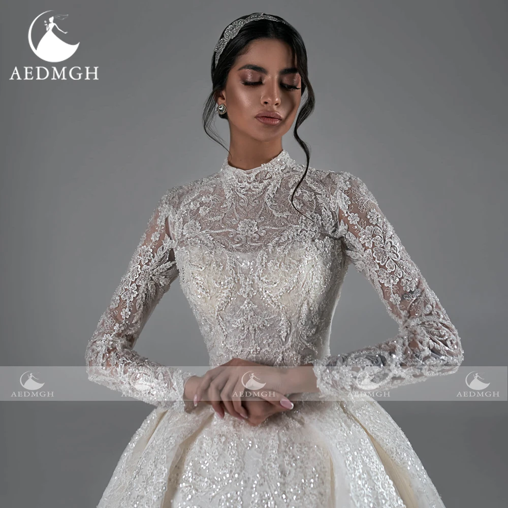 Aedmgh-Robe de Mariée Royale à Manches sulfet Col Haut, Tenue de Bal Exquise, Broderie à Paillettes, 2023