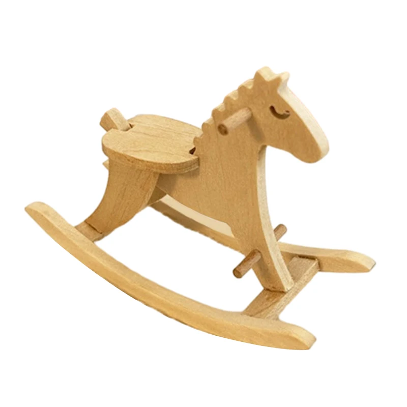 

1Pc 1:12 Dollhouse Miniature Cute Wooden Trojan Horse Rocking Horse Chair Can DIY Graffiti Coloring Model Kids Pretend Play Toy