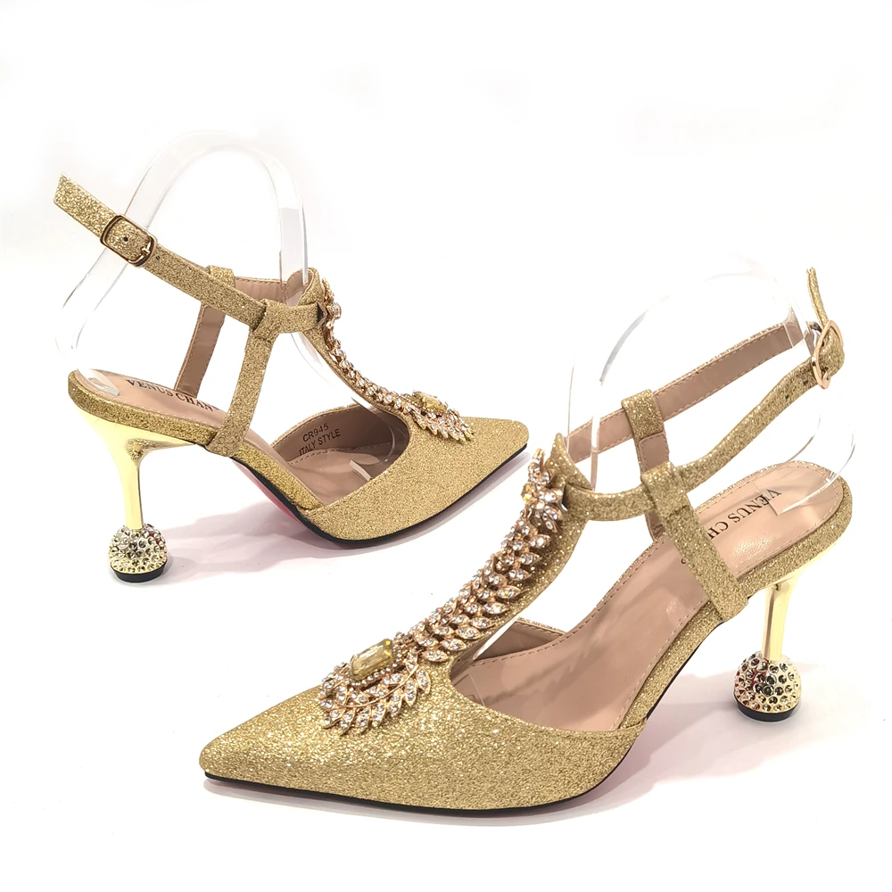 Available Gold Crystal Decoration Style Wine Glass Heel Friends Party Shoes Nigerian Fashion Ladies Shoes And Bag For Party