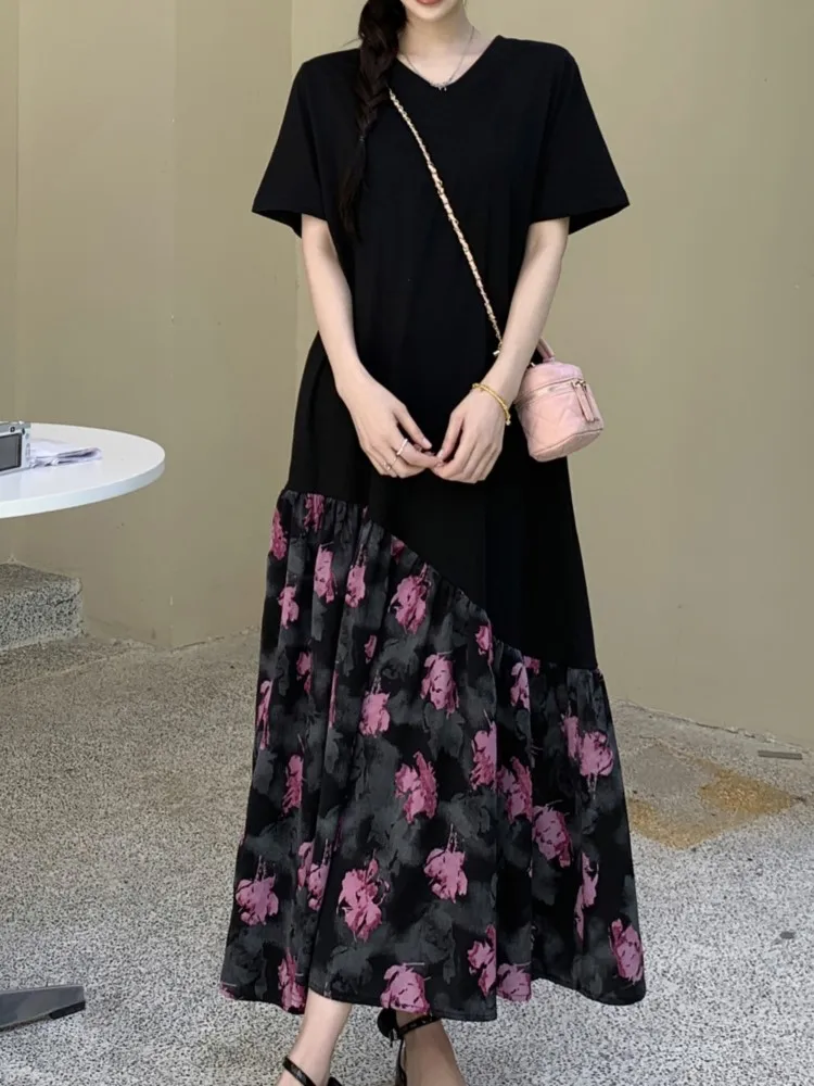 Summer oversize patchwork print floral dress women korean v neck loose ladies dresses elegant vintage woman dress vestidos