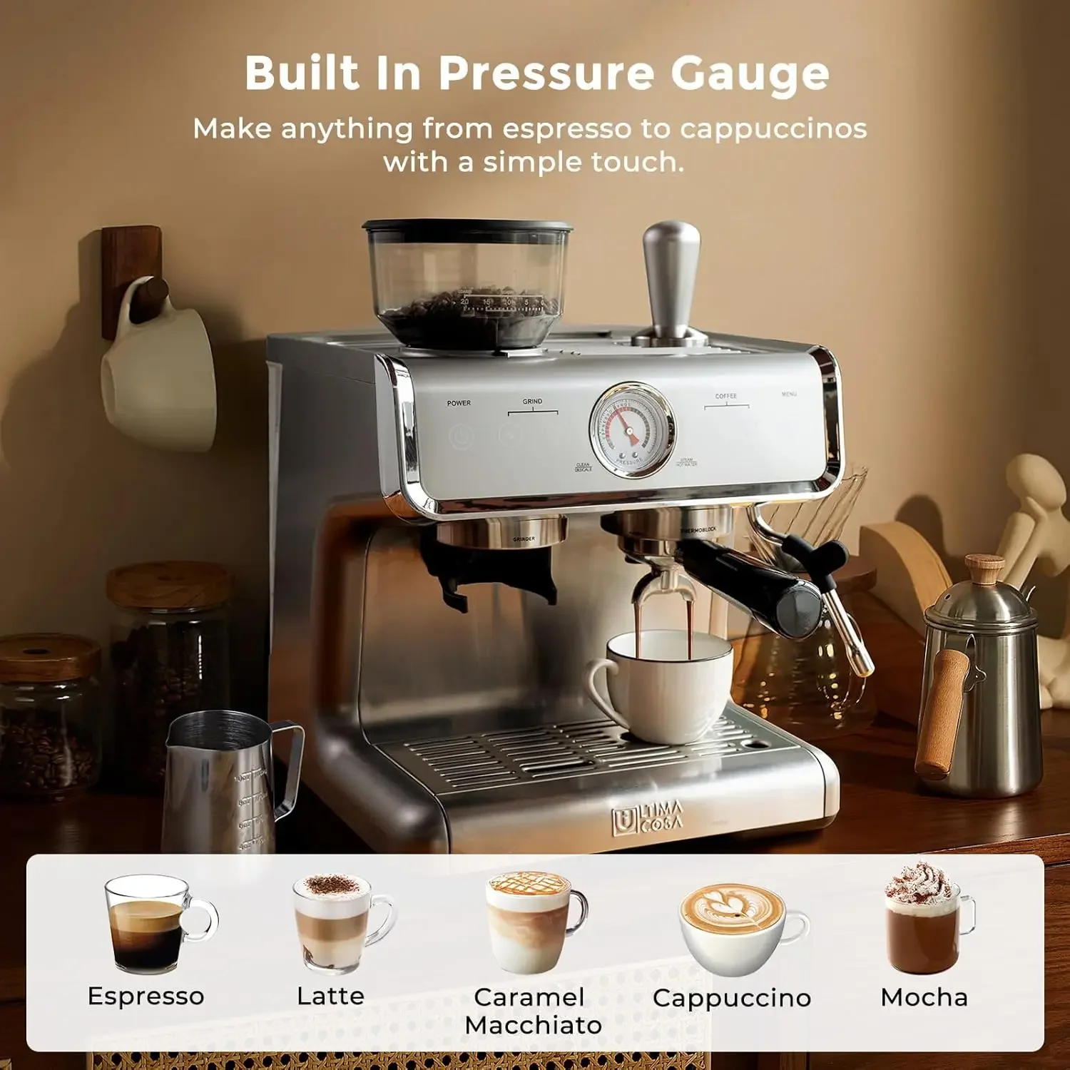 Machine With Grinder, Professional Espresso Maker With Milk Frother Steam Wand, 15 Bar Barista Latte Machine With Removable Wate