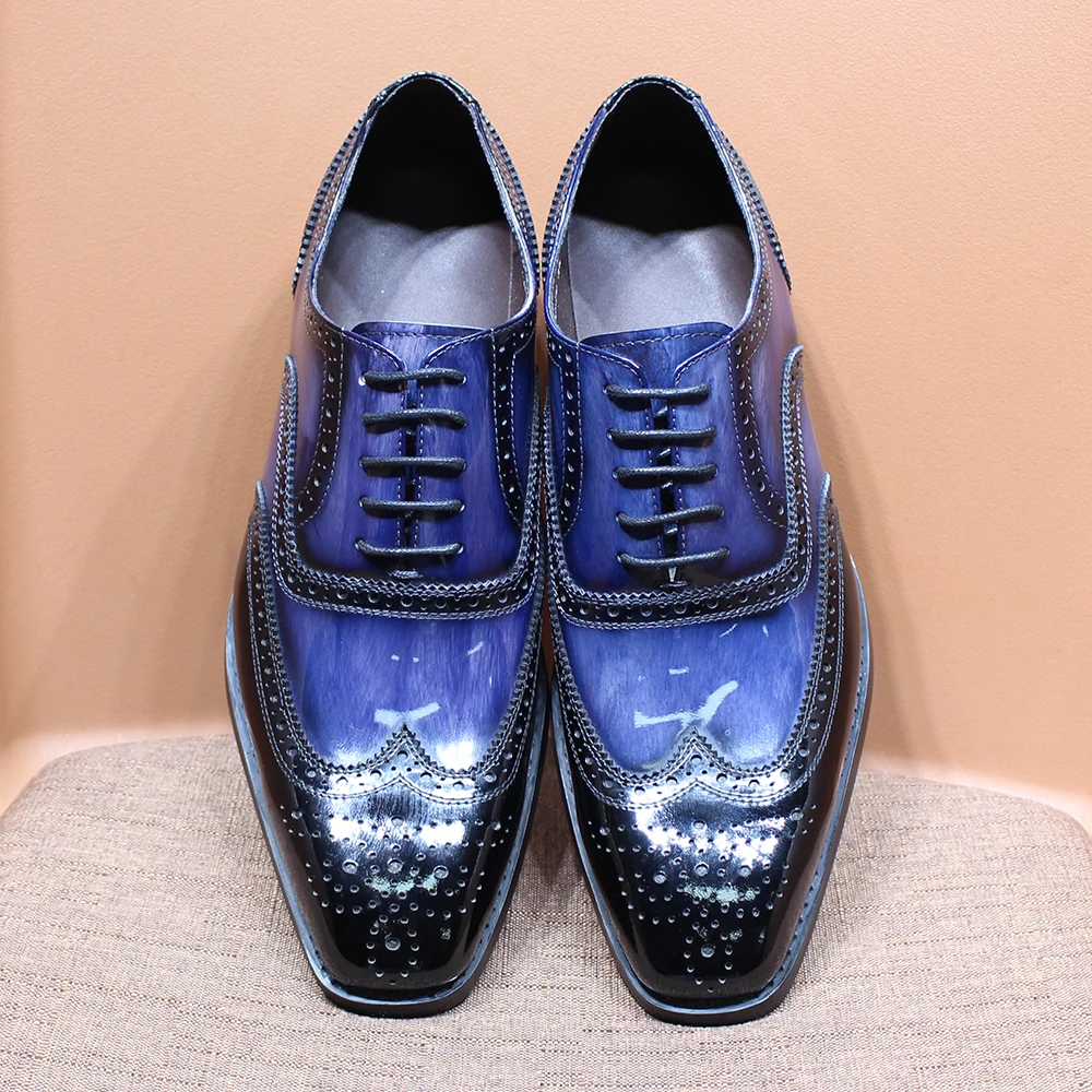 Luxury Men\'s Oxfords Genuine Patent Leather Lace Up Wedding Party Office Dress Shoes for Men Brogue Wingtip Formal Oxfords Blue