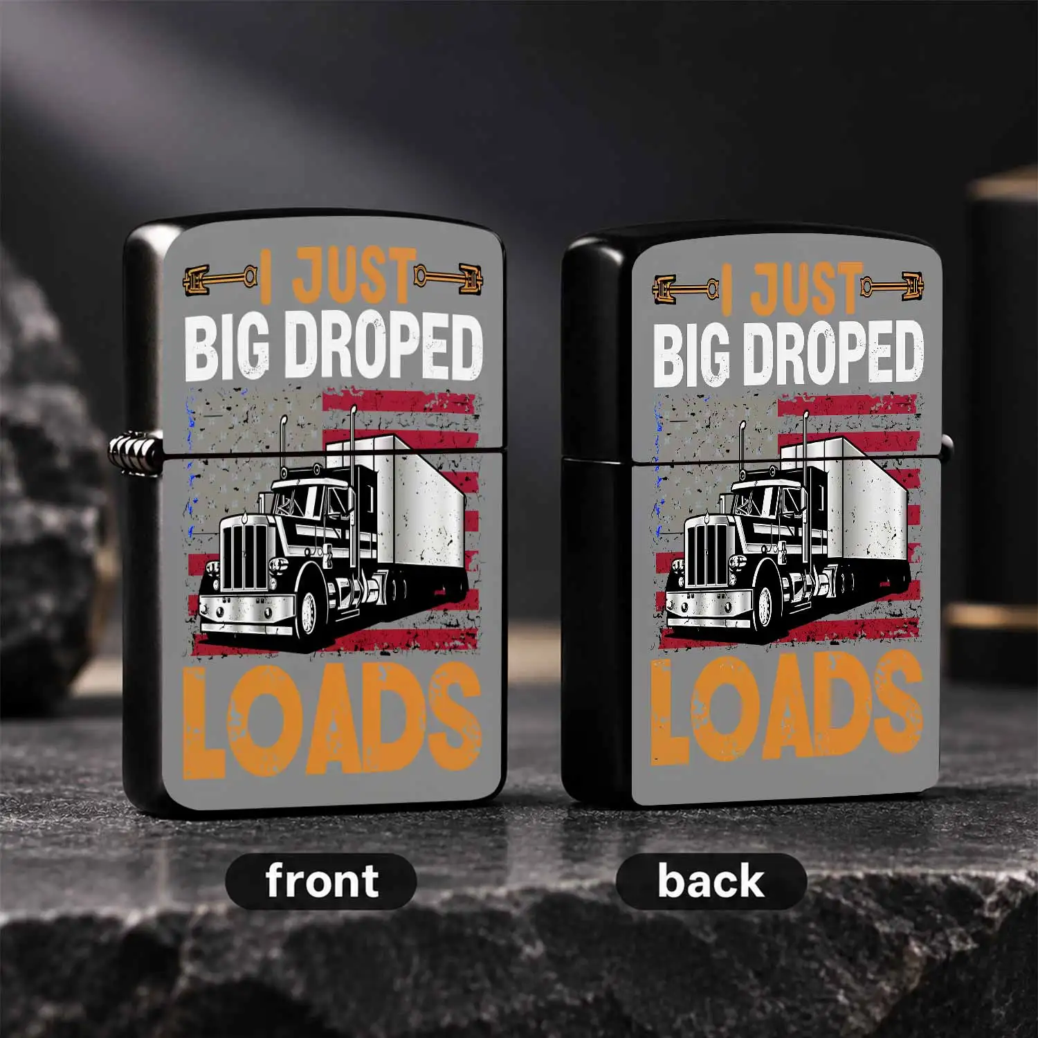 Funny Big Rig Trucker Themed Lighter, Distressed Us Flag Graphic With 