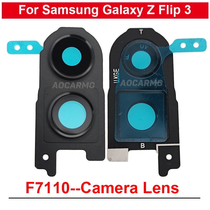 Lensa kamera belakang, untuk Samsung Galaxy Z Flip 3 F7110 Flip3 hitam dengan bingkai dan bagian pengganti stiker