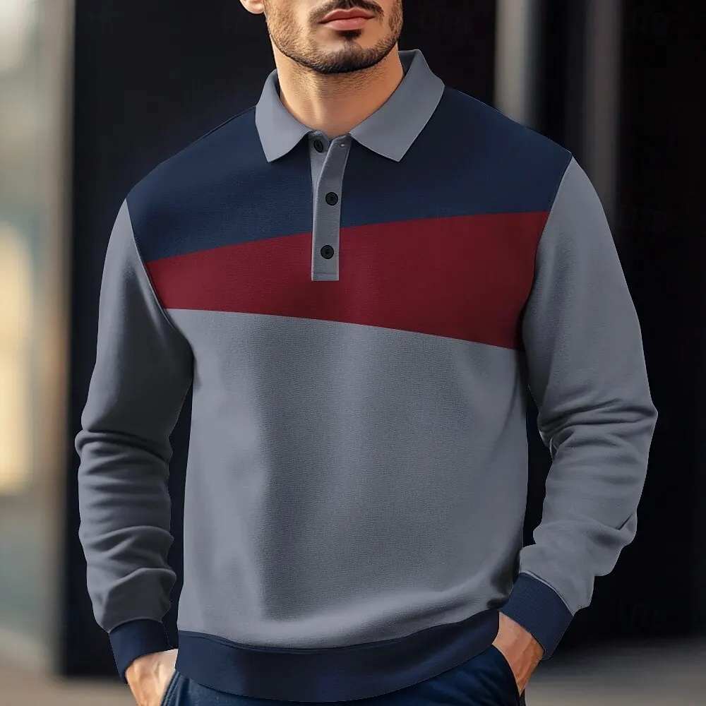 

Men's Simple Patchwork Long Sleeve Polo Shirt Fashion Business Casual Comfortable Tops Loose Button Lapel Breathable Man Clothes