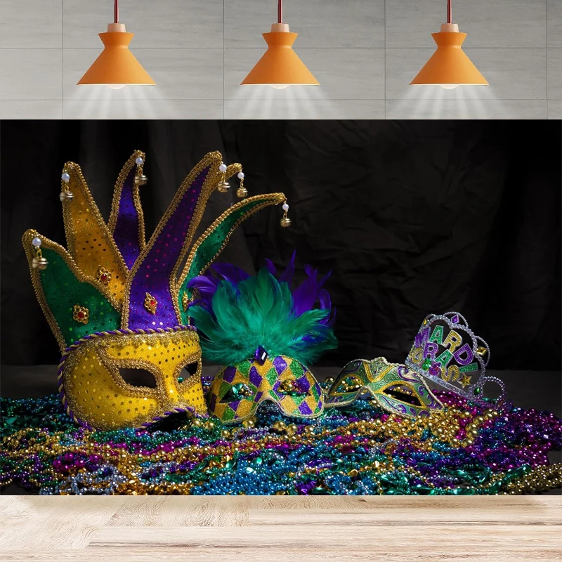 Mardi Gras Photography Backdrop Carnival Masquerade Masks Colorful Beads Holiday Background Party Backdrop Wall Banner Decor