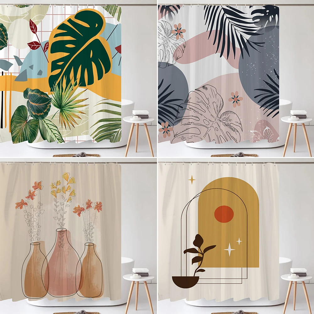 Boho Bathroom Curtains Shower Waterproof Polyester Modern Shower Curtain Set Leaves Plant Neutral Bathroom For Home Decoration