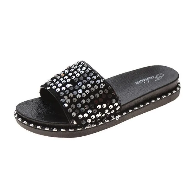 

Fashionable Flat Slippers Flashing Sequin Ladies One-line Slippers Outdoor Loafers Cake Bottom Thick Bottom Women