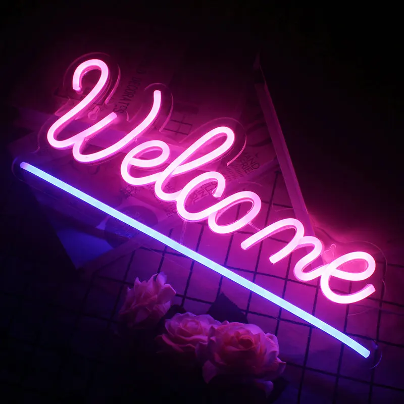 Welcome Neon Sign LED Room Wall Decor, Alimentado por USB, Acrílico Pendurado com Interruptor, Janela da loja, Vidro, Loja, Bar, Salão, Café