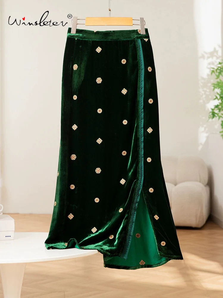

Winsleter-100%Real Silk Elegant Velvet Skirts, Elastic High Waist Embroidery, Women Retro Party Skirt, 2025 Autumn New B5N310CCC