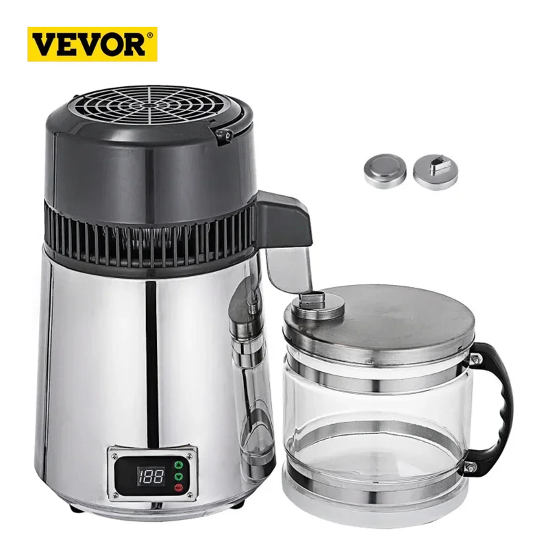 VEVOR 750W Water Distiller Stainless Steel 1.1 Gallon/4L Temperature Controlled Alcohol Home Medical Hospital w/Glass Collection