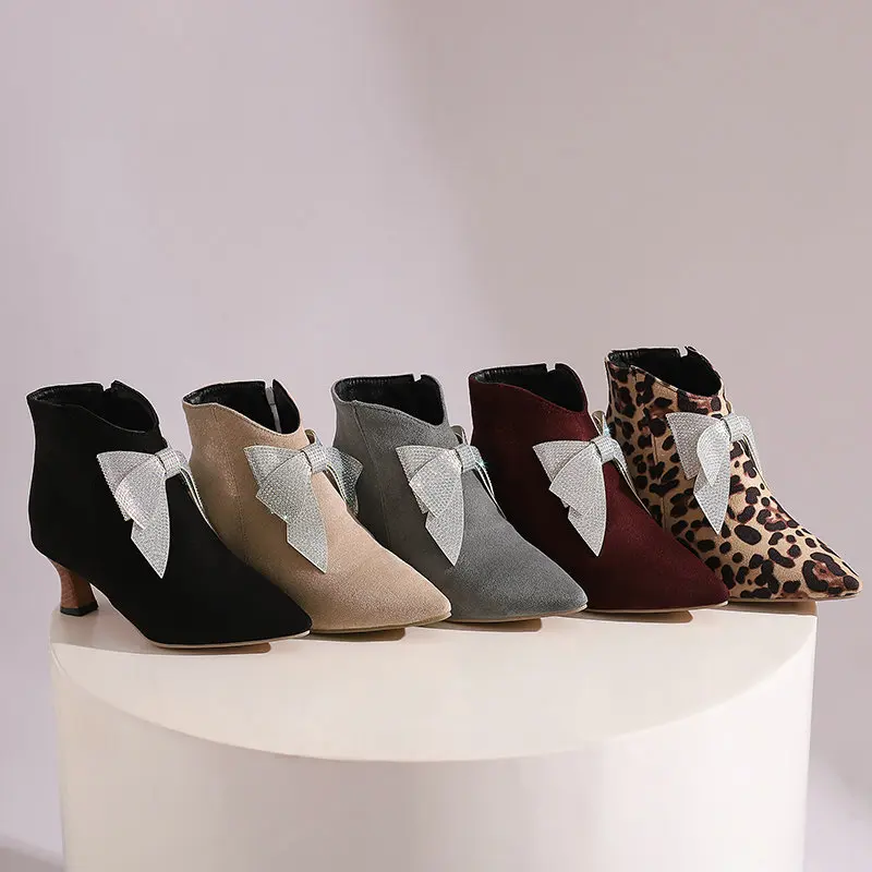 Womens Pointed Toe Ankle Boots Kitten Heels Side Zipper Colored Diamond Bow Faux Suede Booties Wedding Dress Shoes Size 34-50